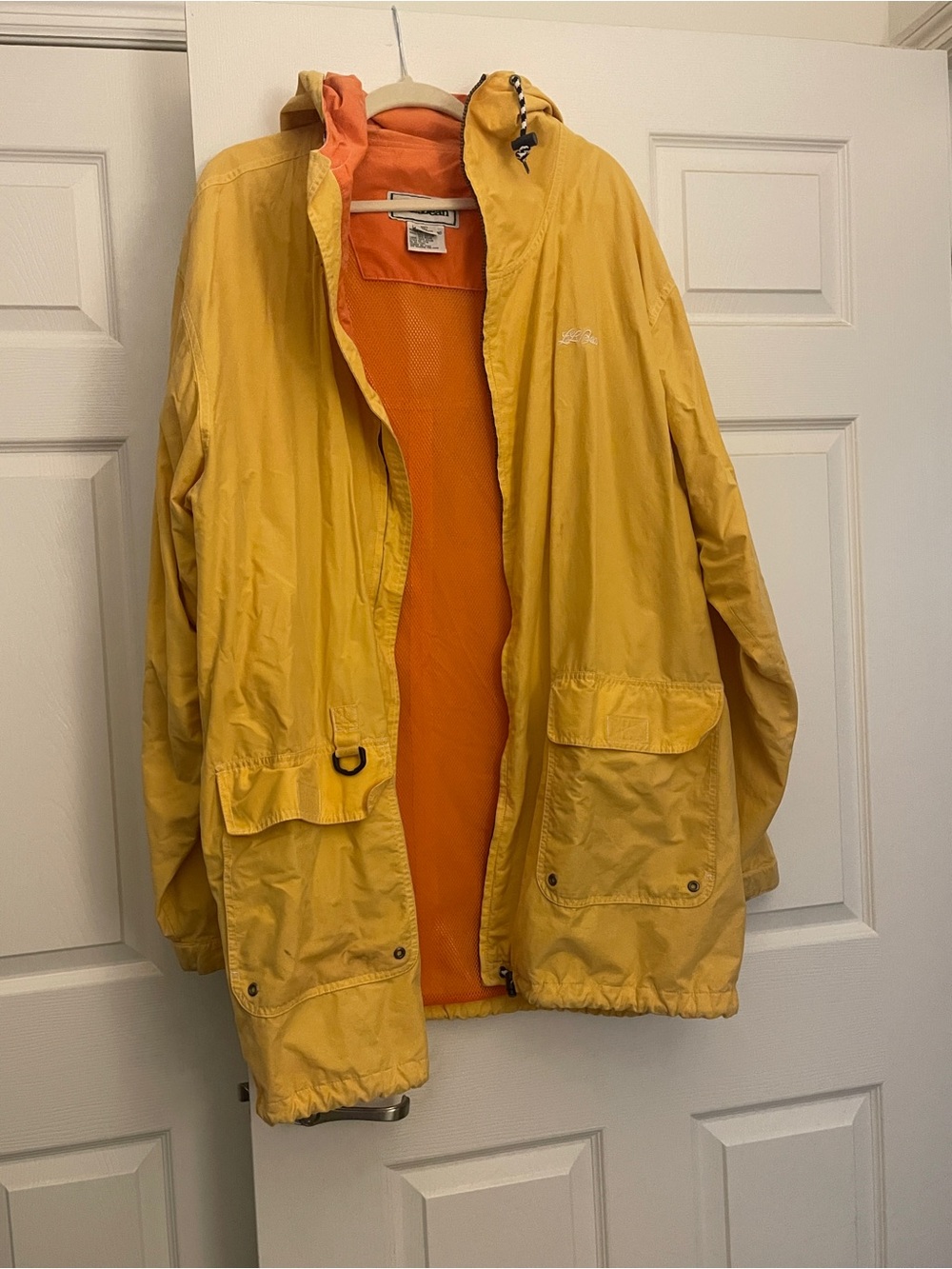 L.L. Bean Yellow Hooded Raincoat with Orange Lining